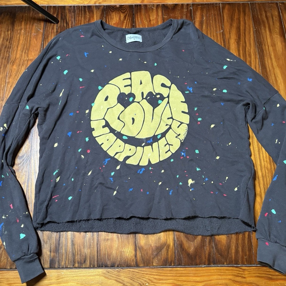 Lauren Moshi Peace Love Happiness Smiley Face Pullover Paint Splatter Sz S A1975